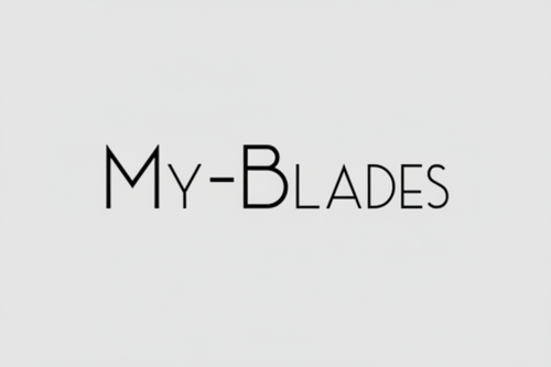 The logo for My-Blades, featuring stylized black text on a light gray background.